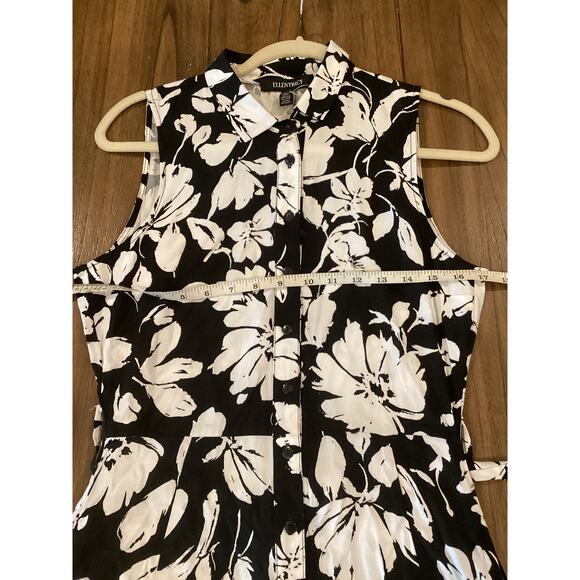 Ellen Tracy Sleeveless midi Shirt Dress Self Tie Sash black white floral blossom - Picture 7 of 12